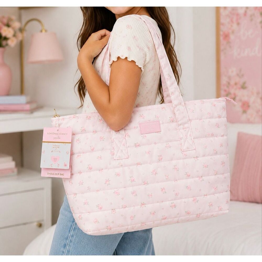 LoveShackFancy x Yoobi Kids Quilted Floral Tote Bag Pink School Travel NWT
